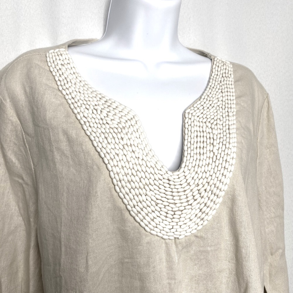 Isaac Mizrahi New York Women Beige Linen Blend Beaded V-Neck Tunic Top Large NWT